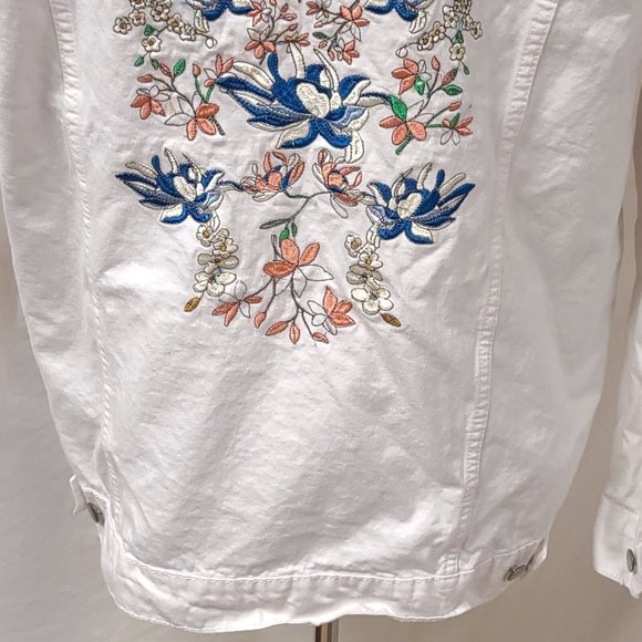 Collections Etc Womens Large Embroidered Floral Boho Art Deco White Denim Jacket - Picture 10 of 15